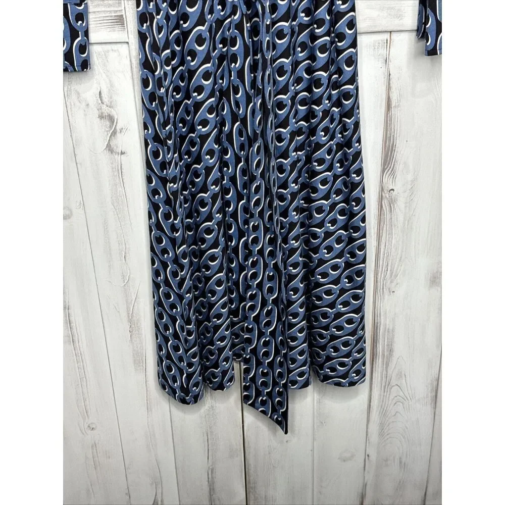 Boden Laura Shirt Dress 4P Petite Tencel Jersey Azure Blue Geo Chain Midi Belted - Picture 2 of 13